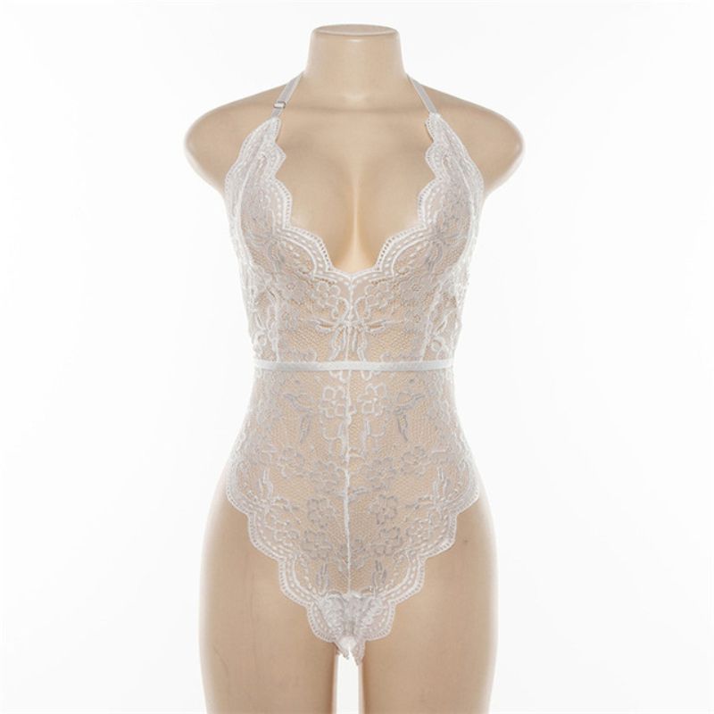 Sexy Lady Plain Hollow Lace V Neck Bodysuits