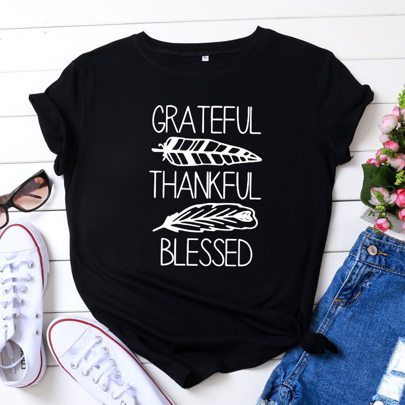 S-5XL Plus Size Vogue Thankful Bleesed Letters Printing T-Shirt