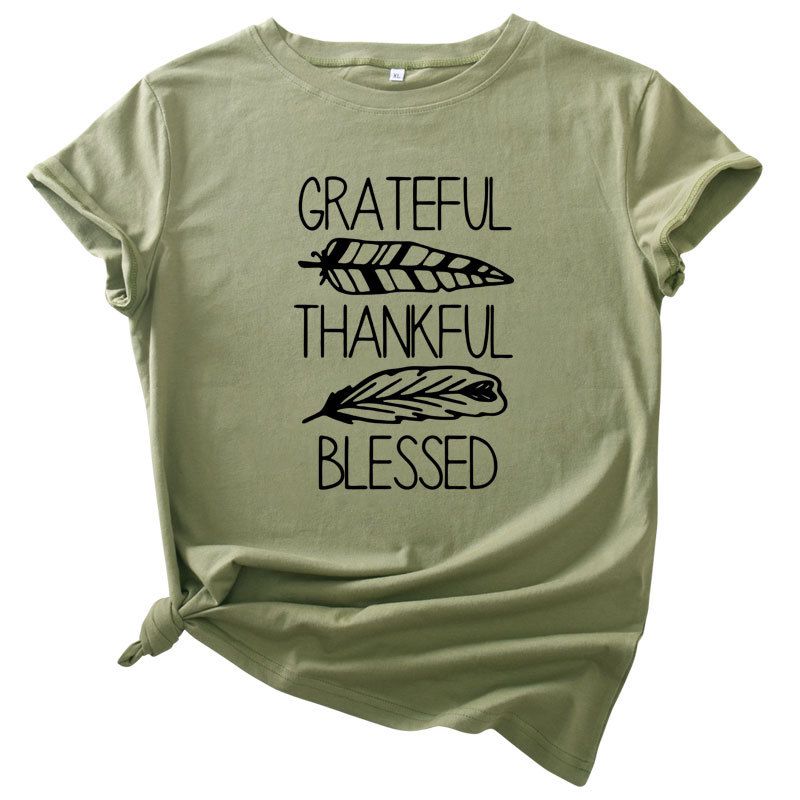 S-5XL Plus Size Vogue Thankful Bleesed Letters Printing T-Shirt