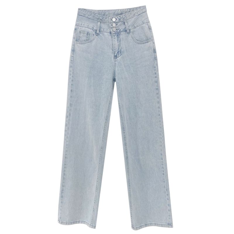 Women Fashion Casual High Waisted Button Wide Leg Straight Jeans