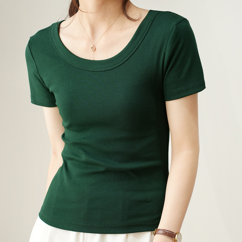 Women Casual Basic Comfortable Cotton U Neck Short Sleeve Rib-Knit T-Shirt