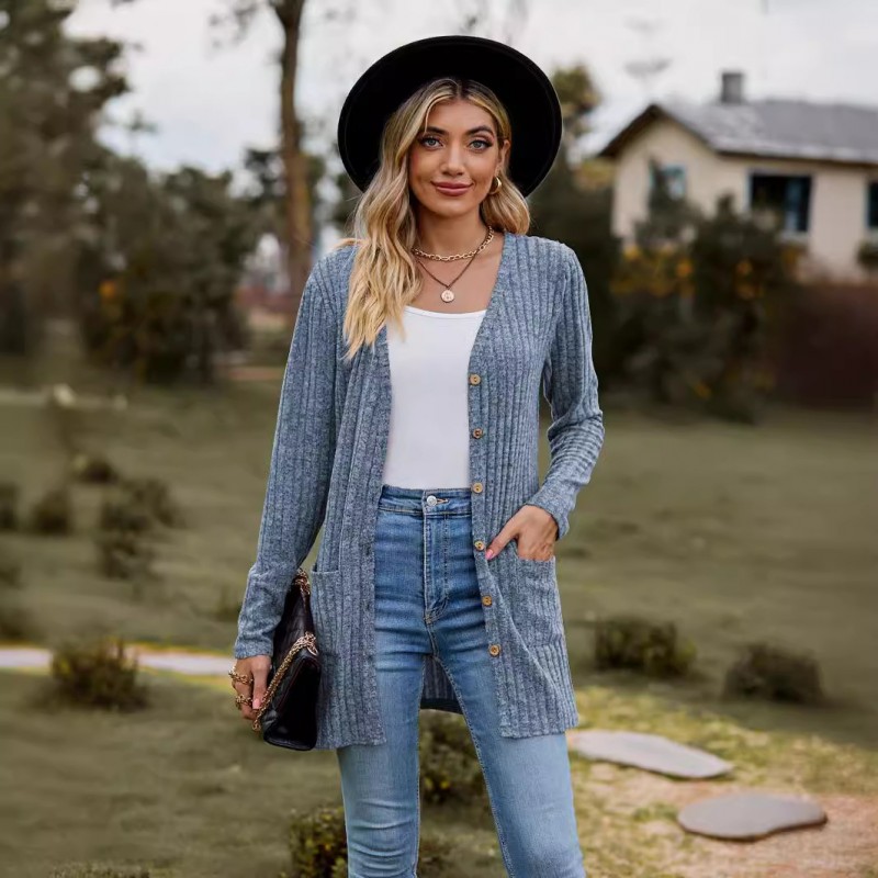 Women Fashion Solid Color Sanding Pit Long Sleeve Cardigan Jacket