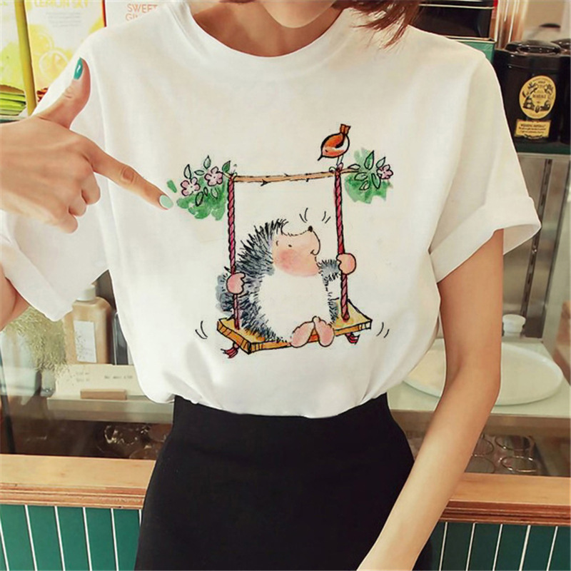 Women Cartoon Cute Hedgehog Floral Print Round Neck Short Sleeve T-Shirt