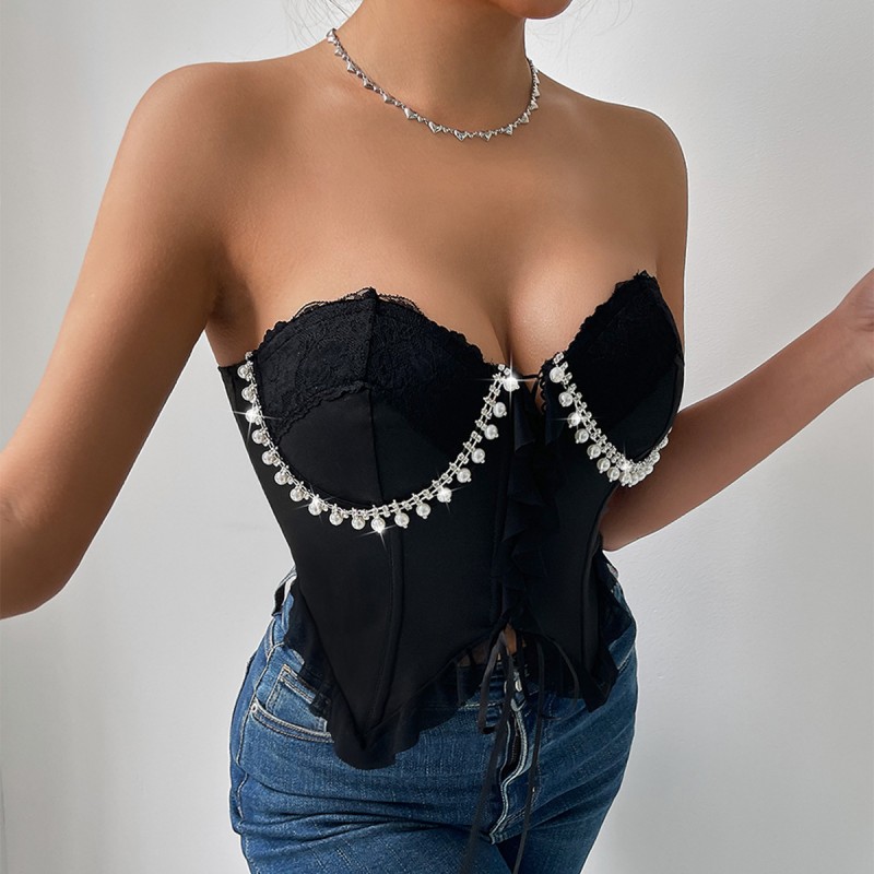 Women Sexy Rhinestone Ruffled Corsets Cropped Top