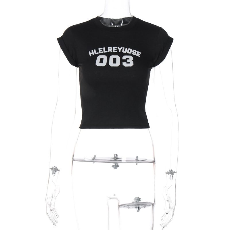 Summer Women Fashion Casual Alphabet Print Round Neck Crop T-Shirt
