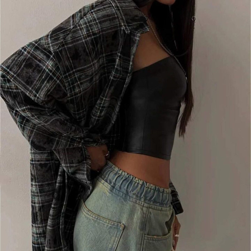 Women Fashion Sexy PU Crop Top