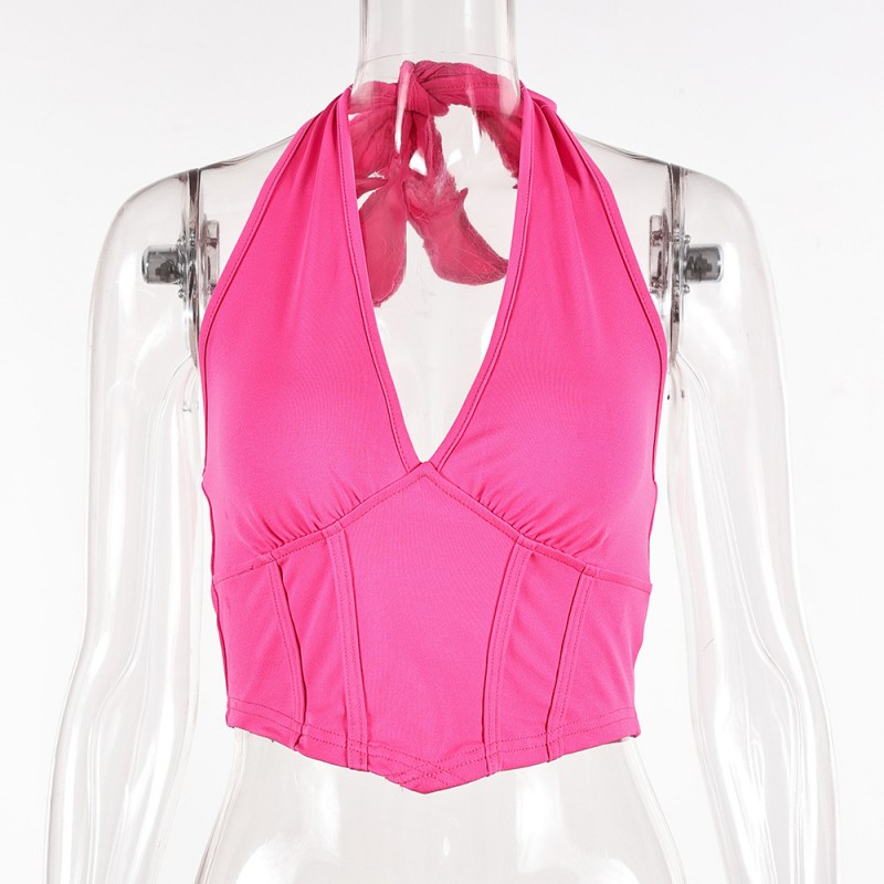 Women Sexy Solid Color Halter Backless Cropped Top