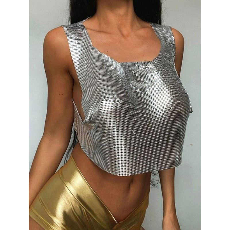 Summer Fashion Women Metallic Sleeveless Crop Top