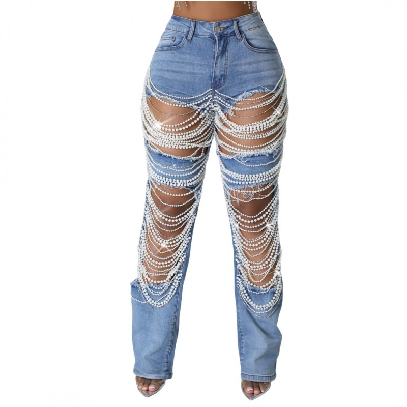 Summer Women Fashion Heavy Industry Beaded Beaded Stretch Ripped Jeans