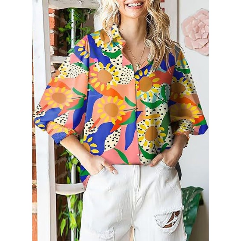 Women Fashion Geometric Print Lapel Lantern Sleeve Shirt