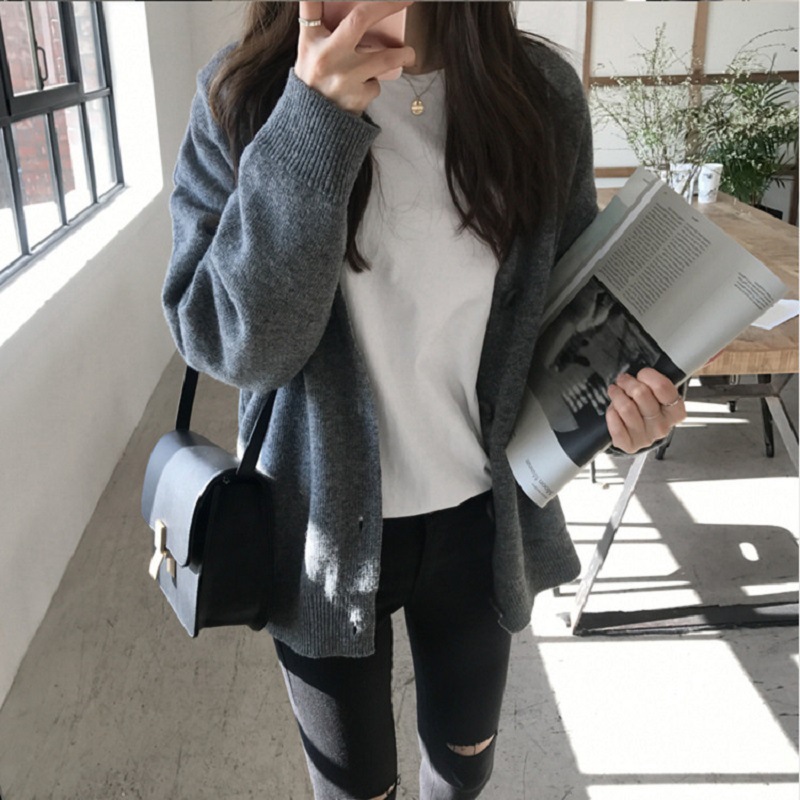 Autumn Winter Women Casual Solid Color Long Sleeve Loose Knitted Jacket