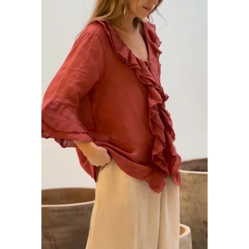 Women Fashion V-Neck Ruffled Single Row Multi-Buckle Curved Hem Top