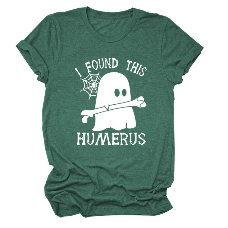 Women Cartoon Fun Letter Ghost Print Round Neck Short Sleeve T-Shirt