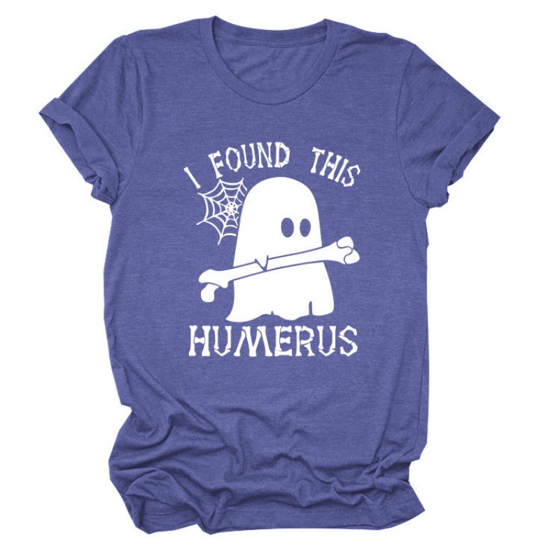 Women Cartoon Fun Letter Ghost Print Round Neck Short Sleeve T-Shirt