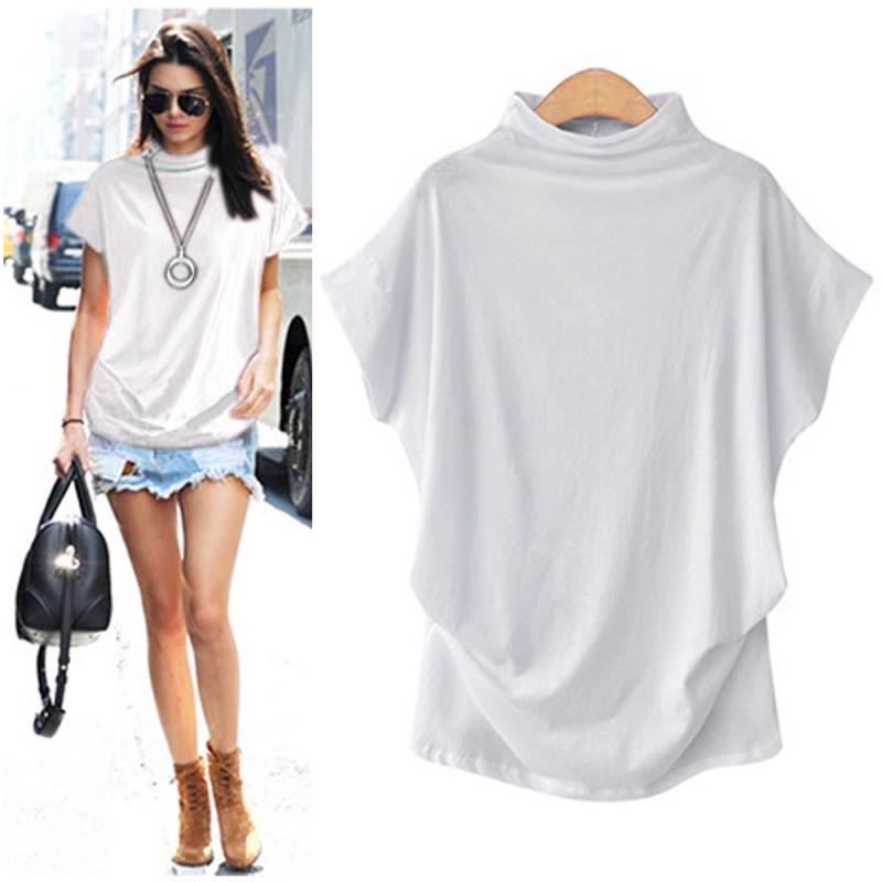 Women Simple Solid Color High Collar Short Sleeve Blank T-Shirt