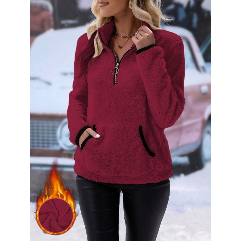 Autumn Winter Women Fashion Solid Color Plush Half Zip Long Sleeve Sweatshirt