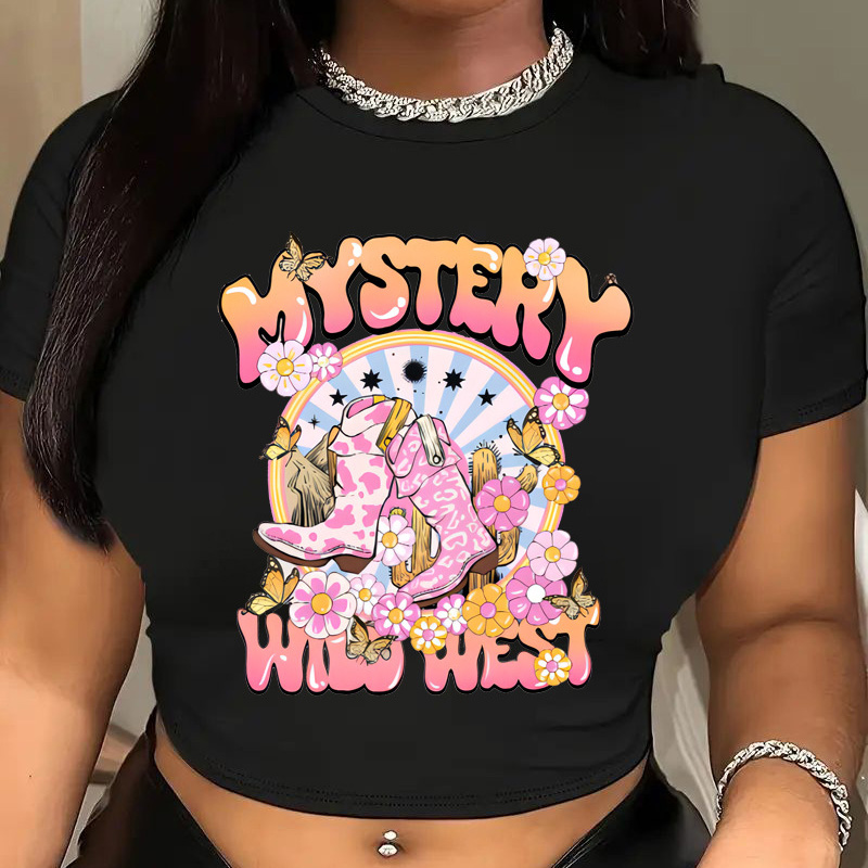 Summer Women Casual Letter Floral Print Round Neck...